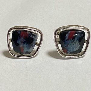 Vintage Hickok Men's Silvertone Cufflinks Red Blue White Marbled Stone USA